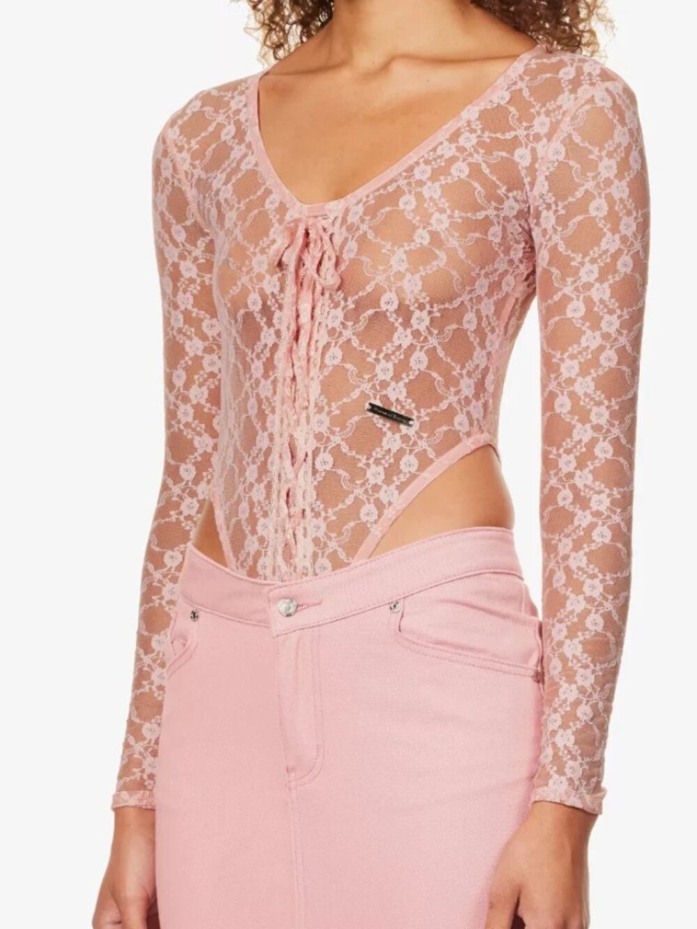House Of  Sunny Love Lace Pink Romantic Coquette Body Suit  Long Sleeves US Sz 6